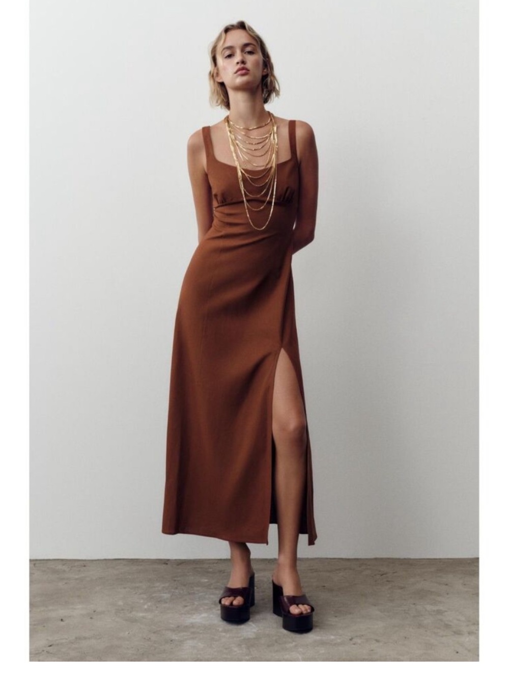 Zara Chestnut Brown Linen-Blend Midi Dress with Side Slit